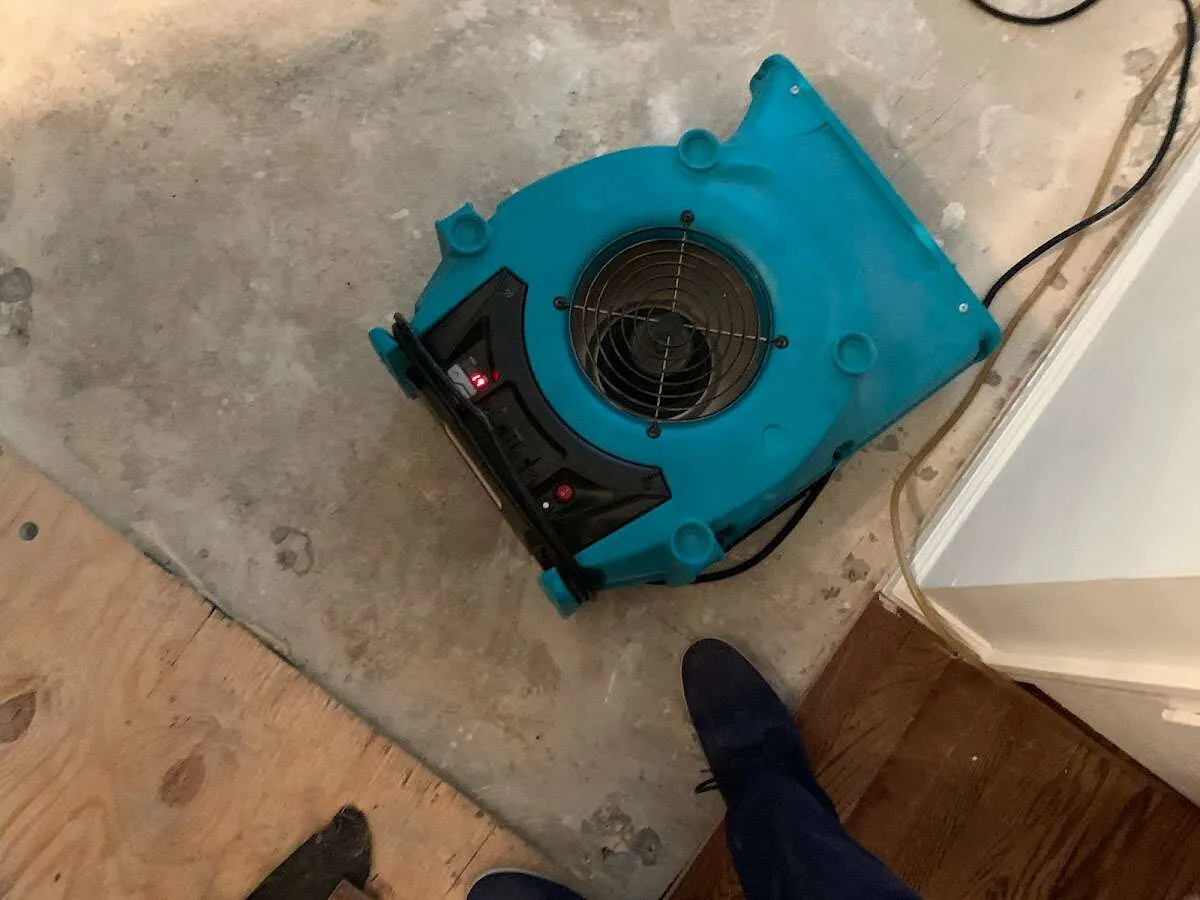 Air mover drying subfloor during Leak Detection & Repair in Shively